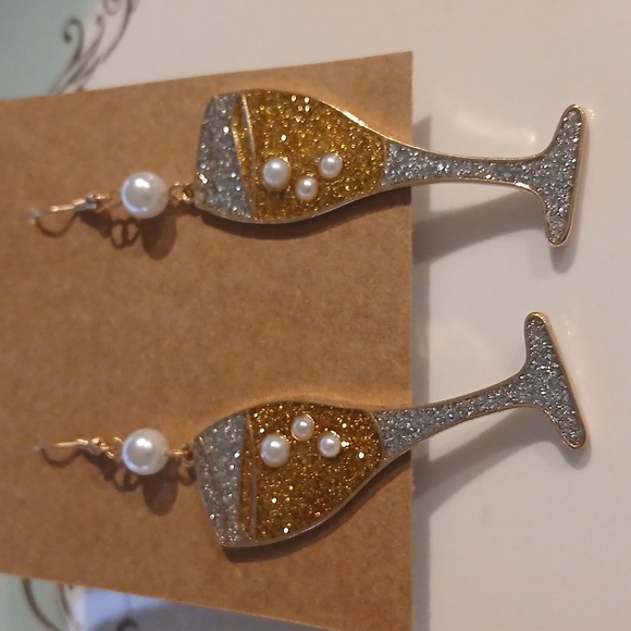 Jewelry - 116   Gold Tone Champagne Problems Gold And Silver Champange Glass Earrings